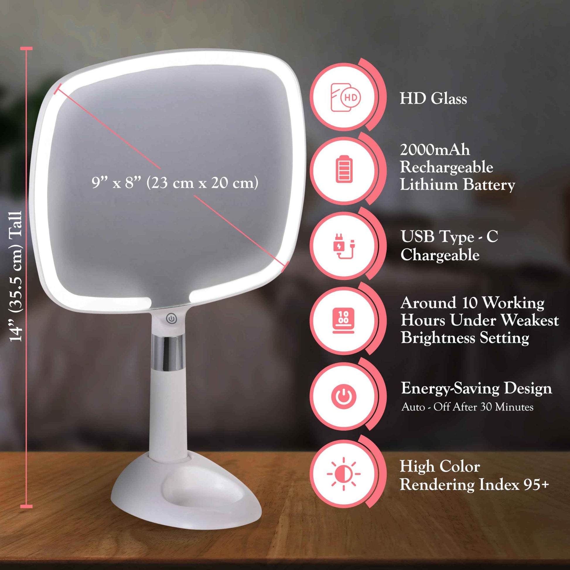 MIRRORVANA Lighted Travel Hand Mirror with Comfy Handle and Detachable Stand - Portable, Thin and Lightweight Design - Rechargeable with 3 LED Light Settings - 9" x 13" (White)