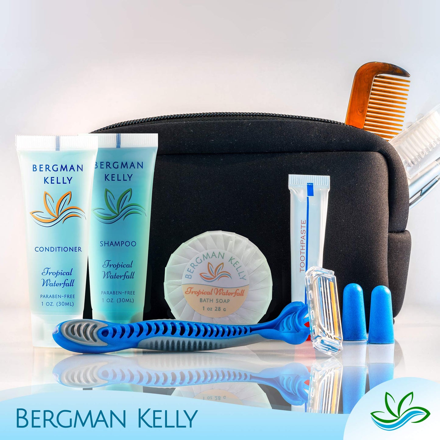 BERGMAN KELLY Hotel Toiletries Bundle (Tropical Waterfall, 1 oz each, 100 Pieces) 4-Piece Set: 25 Round Bar Soap, 25 Shampoo, 25 Conditioner & 25 Body Lotion - Bulk Mini Guest Amenities Supply