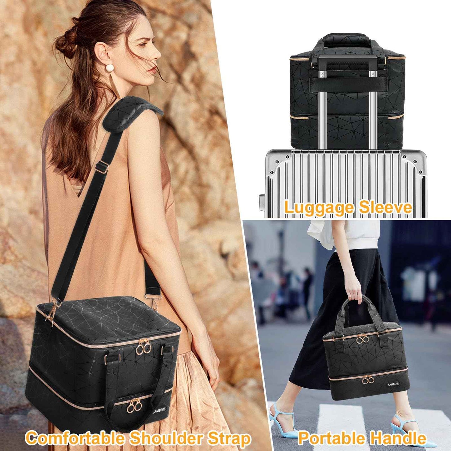 Sambois Nail Polish Organizer Bag Holds 84 Bottles (15ml/0.5 fl.oz)& Nail Lamp, PU Leather Nail Supplies Organizer with Holder& Shoulder Strap, Portable Travel Nail Kit Storage Carrying Case (Black)