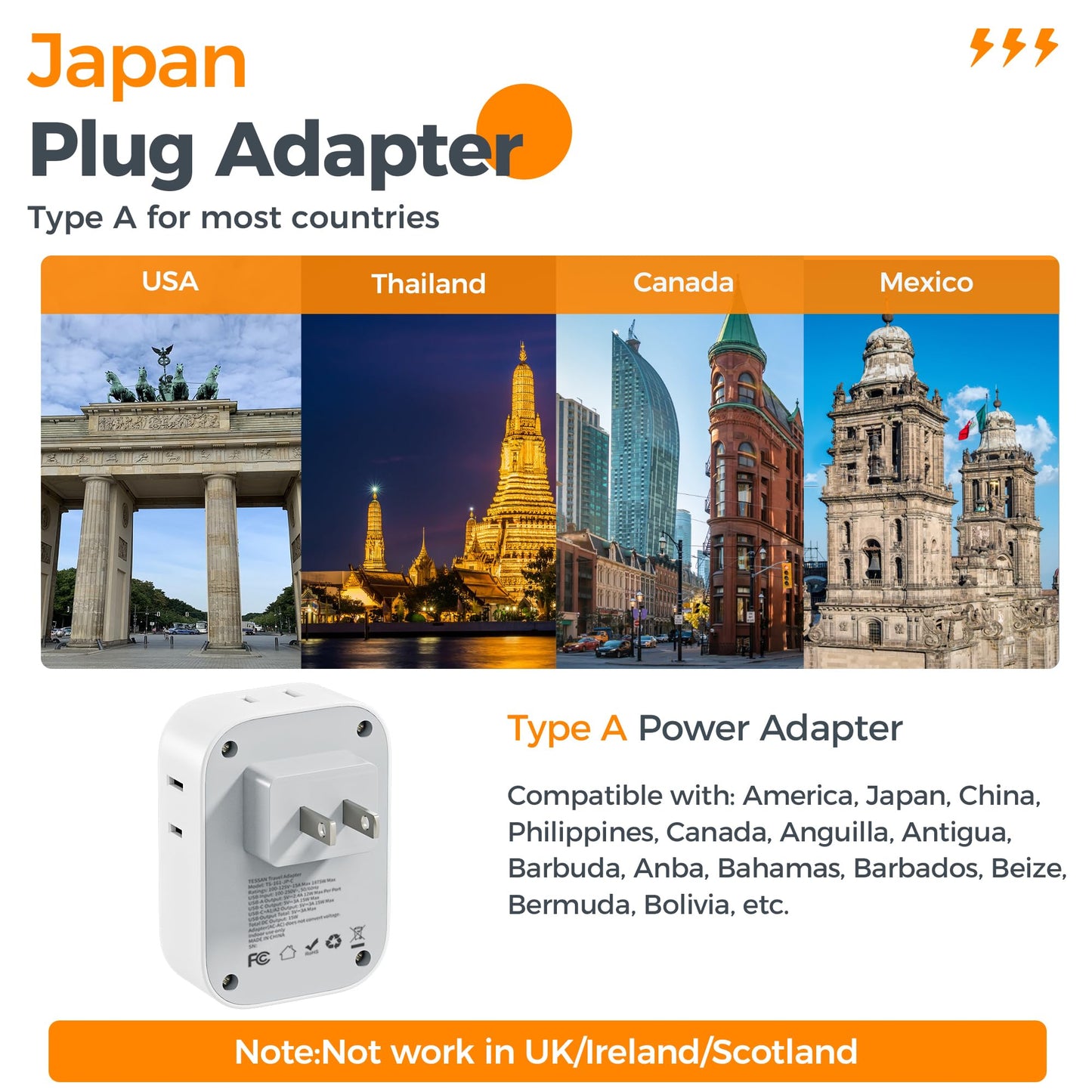 TESSAN 2 Prong to 3 Prong Adapter, Multi Plug Outlet Extender with 4 Outlets 3 USB Ports(1 USB C), Type A Travel Plug Converter for US to Japan, Philippines, Canada, Mexico, China, Thailand, Anguilla