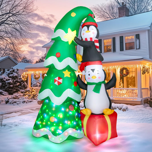 7FT Inflatable Christmas Tree Outdoor Decorations, Blow up Christmas Tree with Penguins & Gift Box Yard Decorations, Build-in LED Lights for Holiday Party Indoor Garden Lawn Patio Festive Decor