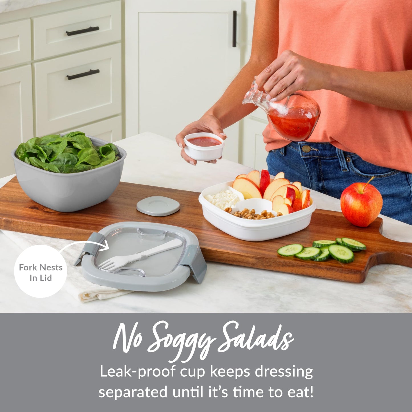 Bentgo All-in-One Salad Container - Large Salad Bowl, Bento Box Tray, Leak-Proof Sauce Container, Airtight Lid, & Fork for Healthy Adult Lunches; BPA-Free & Dishwasher/Microwave Safe (Gray)