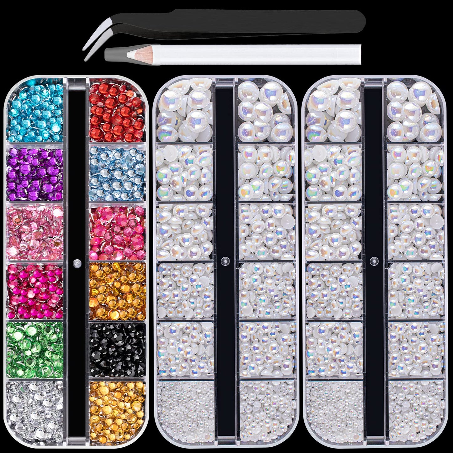 Flat Back Rhinestone+Half Round Pearl Kits Colorful Rhinestones+White AB Pearls With Picker Pencil And Tweezer For Home DIY And Professional Use