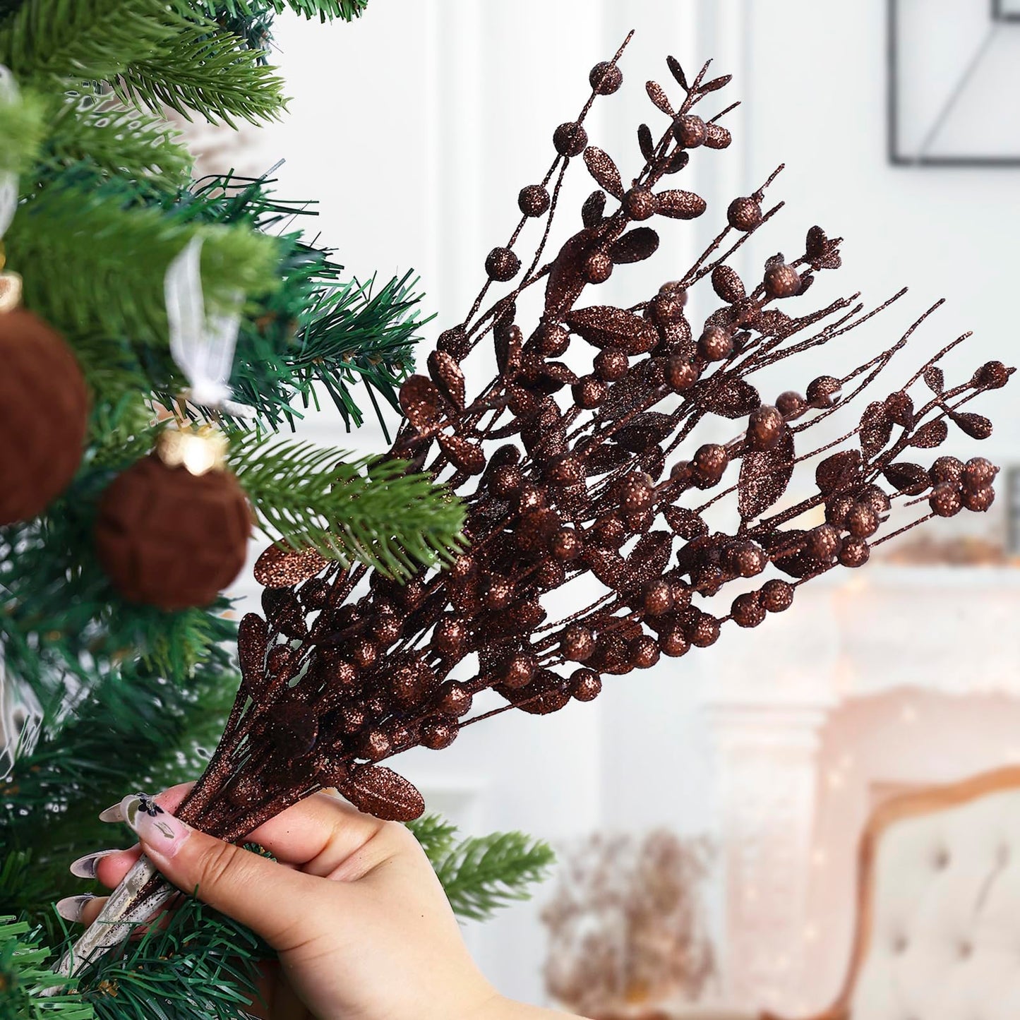 CristBest 24-Pack Christmas Tree Picks Ornaments, Artificial Glitter Berry Stem Glittery Twigs Ornaments for Christmas Tree Decorations, Small Vase, Holiday, Wedding, Party Decorations (Brown)