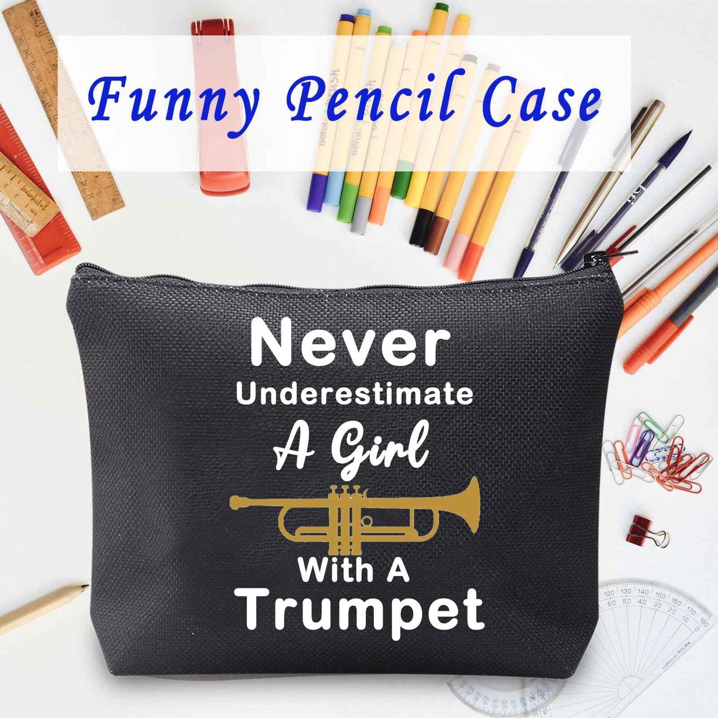 LELVO Funny Trumpet Gift Never Underestimate A Girl With A Trumpet Makeup Bags Trumpet Lovers Zipper Pouch (Girl With A Trumpet+black)