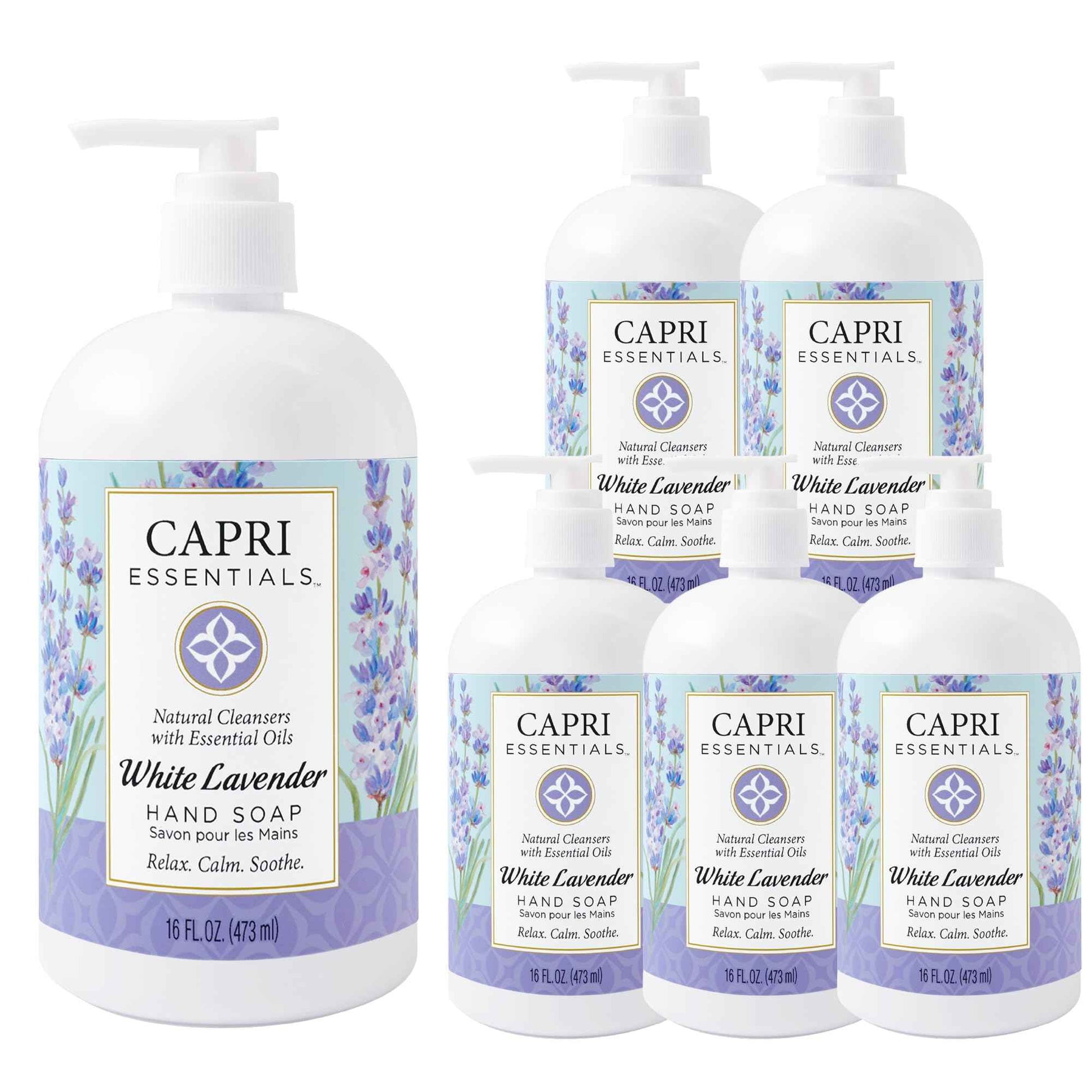 CAPRI ESSENTIALS Hand Soap Liquid, Natural Household Cleaning Supplies, Gentle Plant Based Aromatic Hand Wash, Blend of Essential Oils, Removes Dirt & Grime, White Lavender Scent, 16 FL Oz (6 Pack)