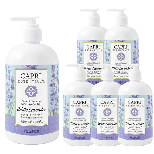 CAPRI ESSENTIALS Hand Soap Liquid, Natural Household Cleaning Supplies, Gentle Plant Based Aromatic Hand Wash, Blend of Essential Oils, Removes Dirt & Grime, White Lavender Scent, 16 FL Oz (6 Pack)
