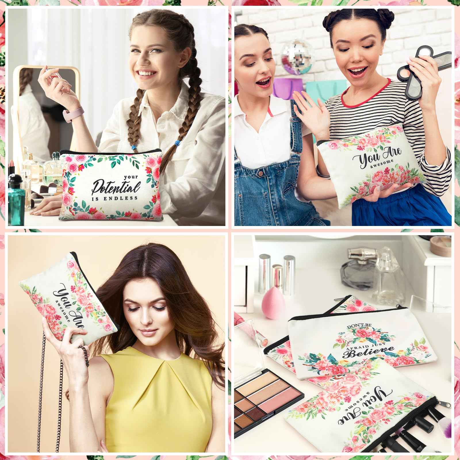 Pinkunn 16 Pcs Inspirational Christian Gifts for Women Religious Makeup Bags Bulk Religious Gifts for Women Inspirational Bible Verse Pencil Pouch Makeup Bags with Zipper for Travel(Flower)