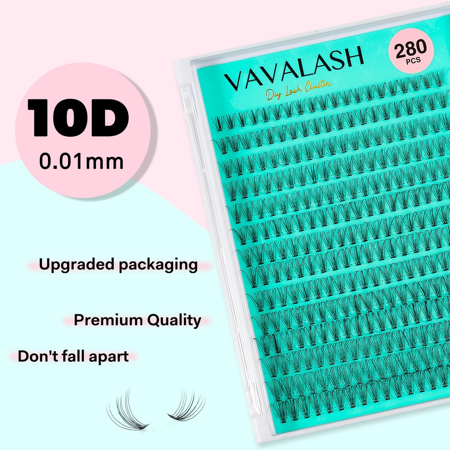 VAVALASH Lash Clusters 10D-C-0.07-9-16MM DIY Individual Lashes 280 PCS Cluster Lashes 10D 20D 30D 40D 50D C D Curl Volume False Eyelash Extensions DIY Lash Extensions at Home (10D-0.07-C,9-16mm)