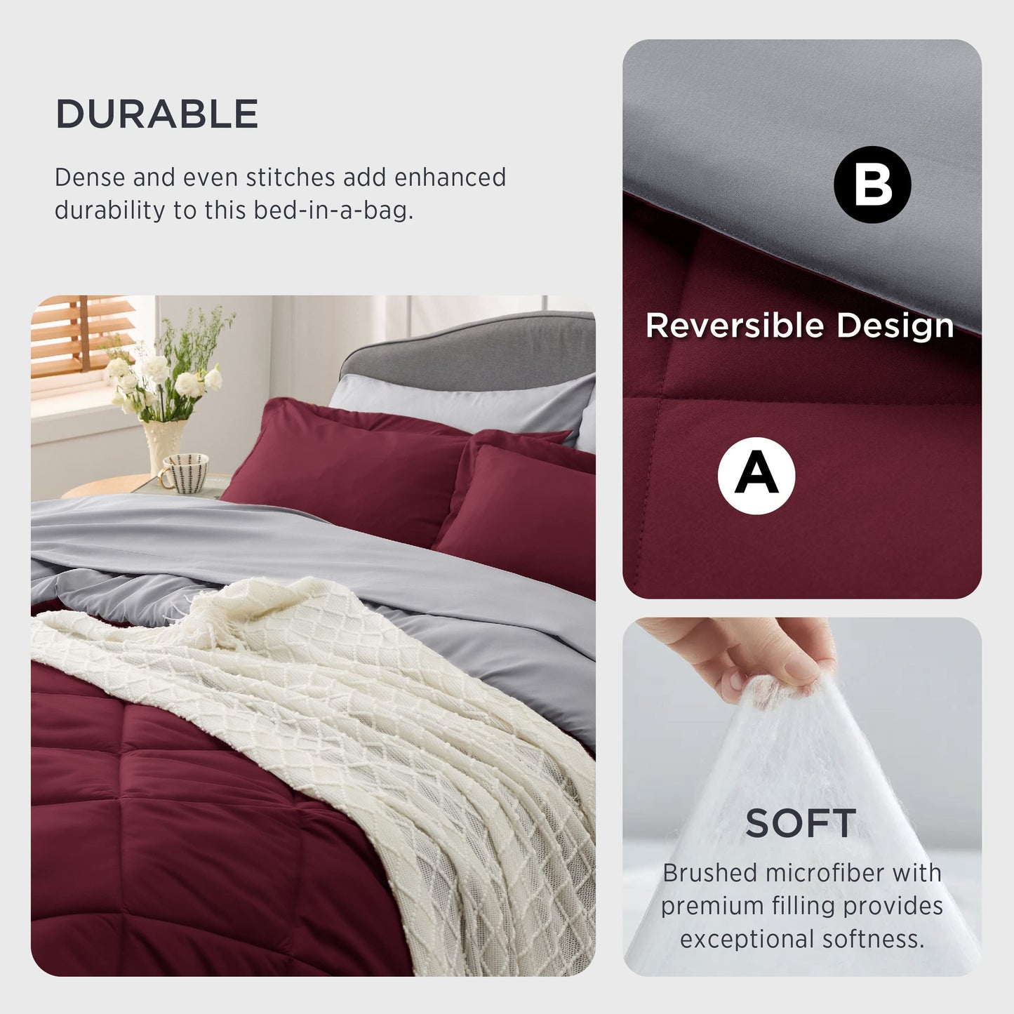 Bedsure Burgundy Twin Comforter Set - 5 Pieces Reversible Twin Bed in a Bag, Extra Long Twin Bed Set with Comforters, Sheets, Pillowcase & Sham, Twin Bedding Sets for College