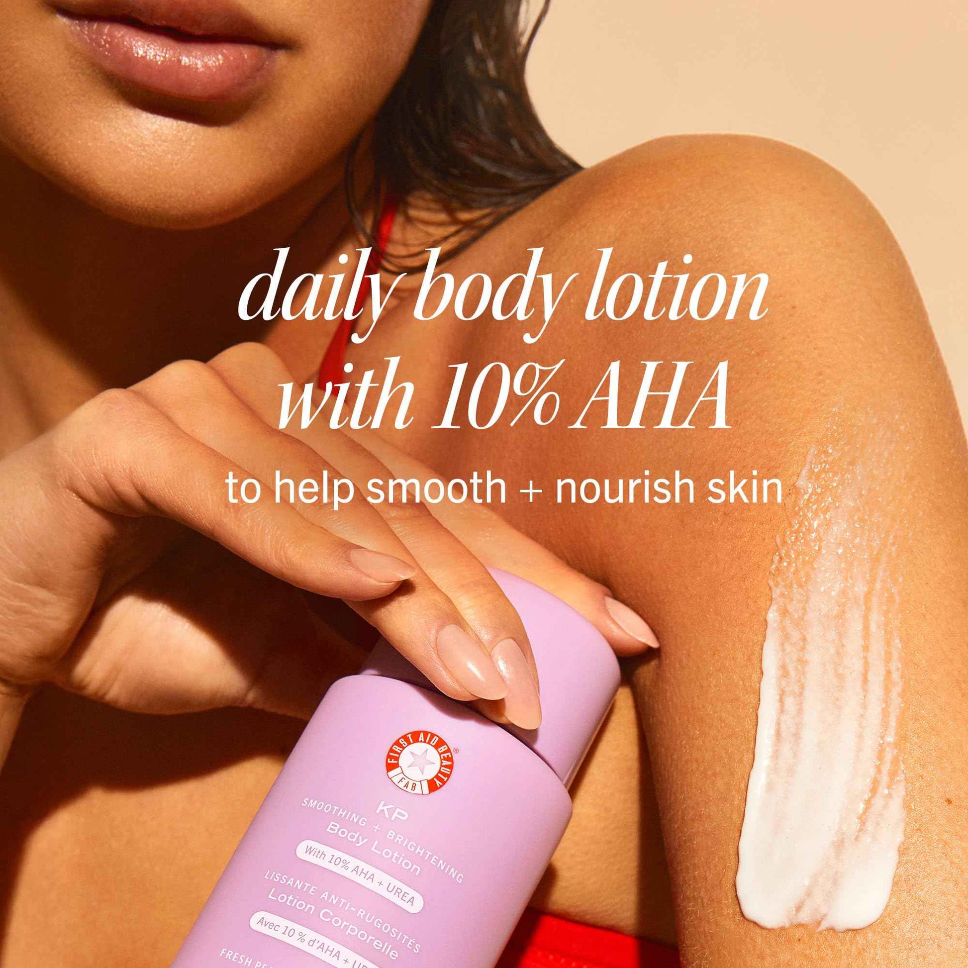 First Aid Beauty - KP Smoothing + Brightening Body Lotion with 10% AHA, Lactic Acid, Urea + Colloidal Oatmeal, Exfoliate & Moisturize, Banish Keratosis Pilaris Bumps, NEW Peach Scent (6. 7 fl oz)