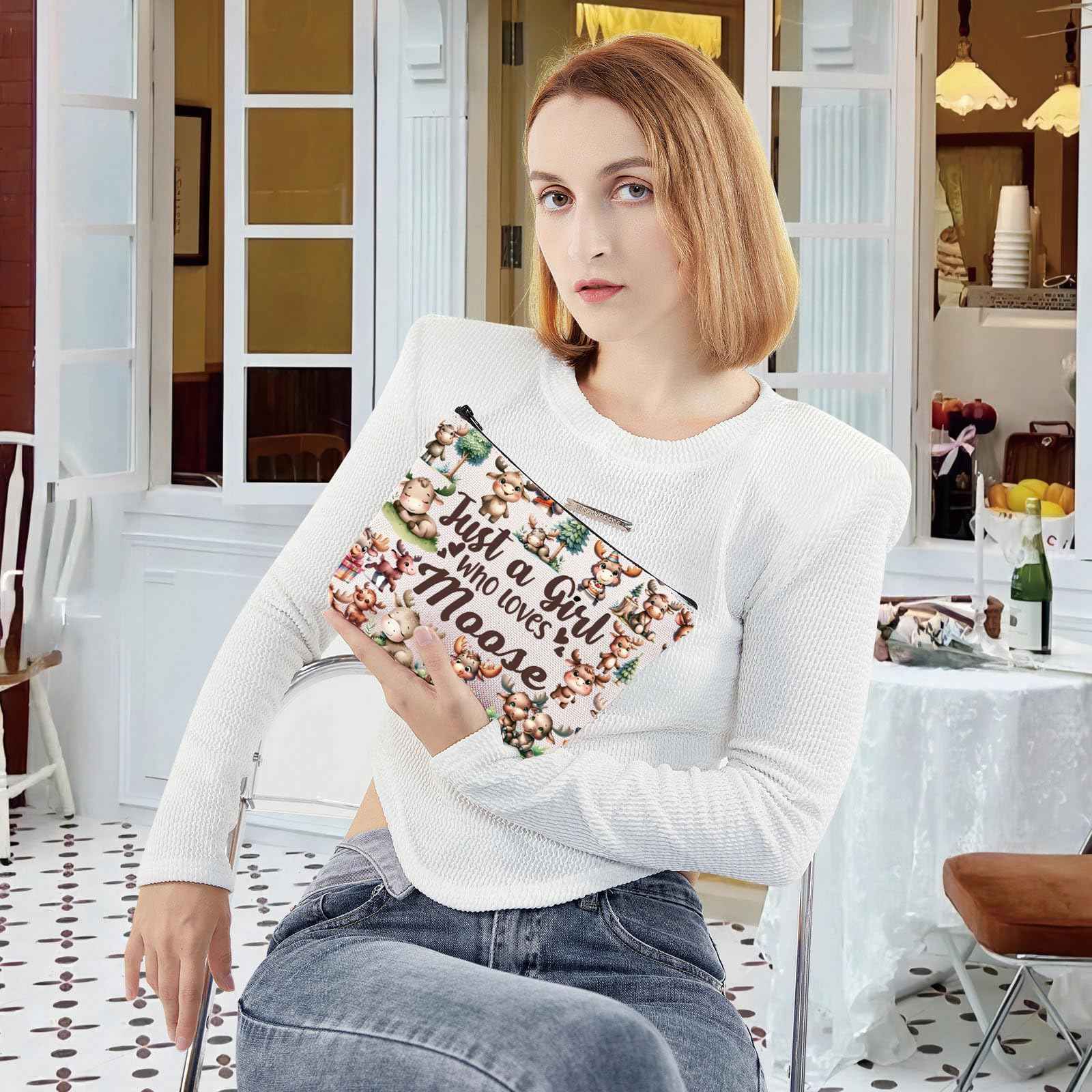 LEVLO Funny Moose Cosmetic Makeup Bag - Animal Lover Gift for Women & Girls (Just Moose Bag)