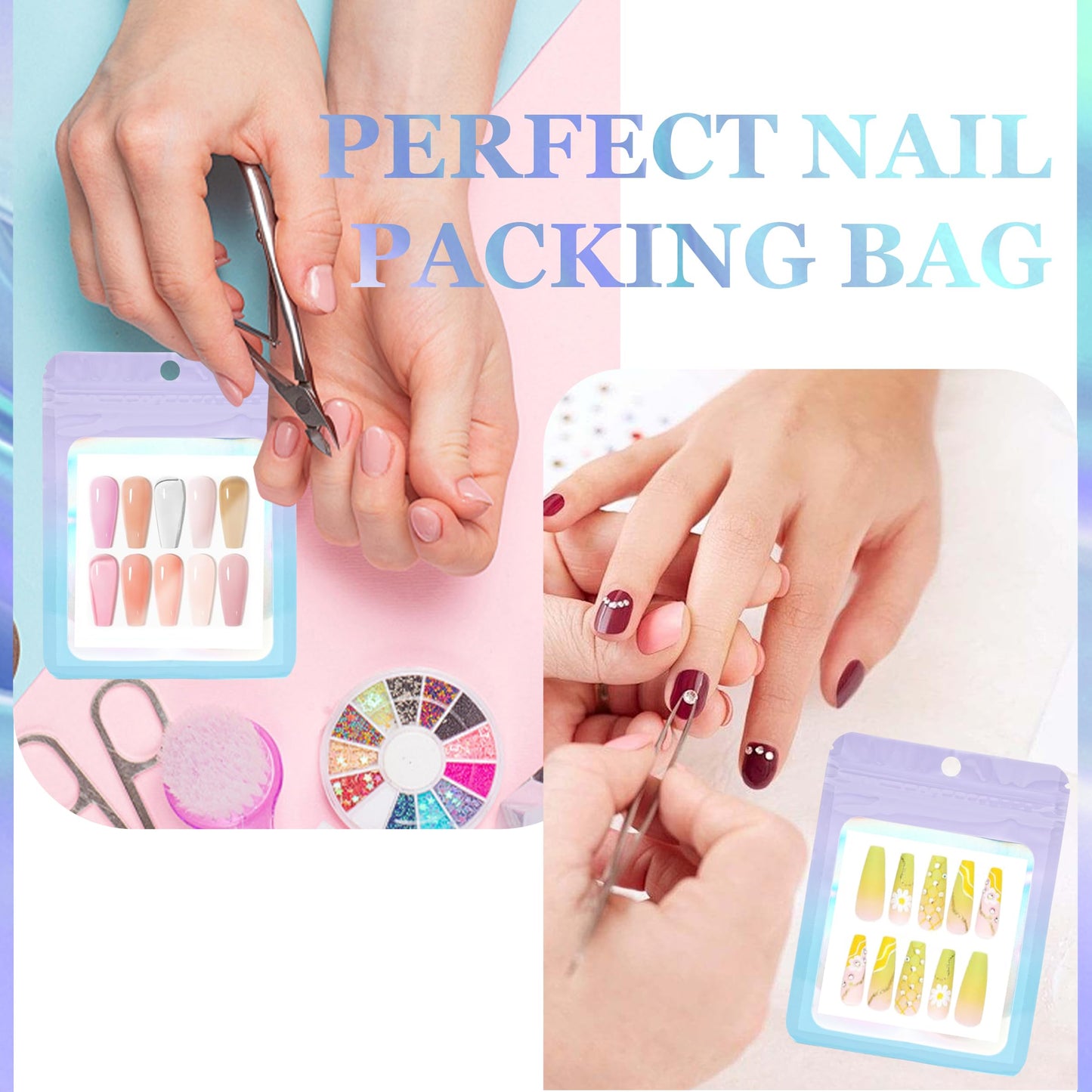 100PCS Press on Nail Packaging Bag and 100PCS White Cardboard Nail Tips Packaging Bags Empty Holographic Nail Storage Bags with 1 Roll Transparent Tape for Press on Nail Business (Purple-blue, small)