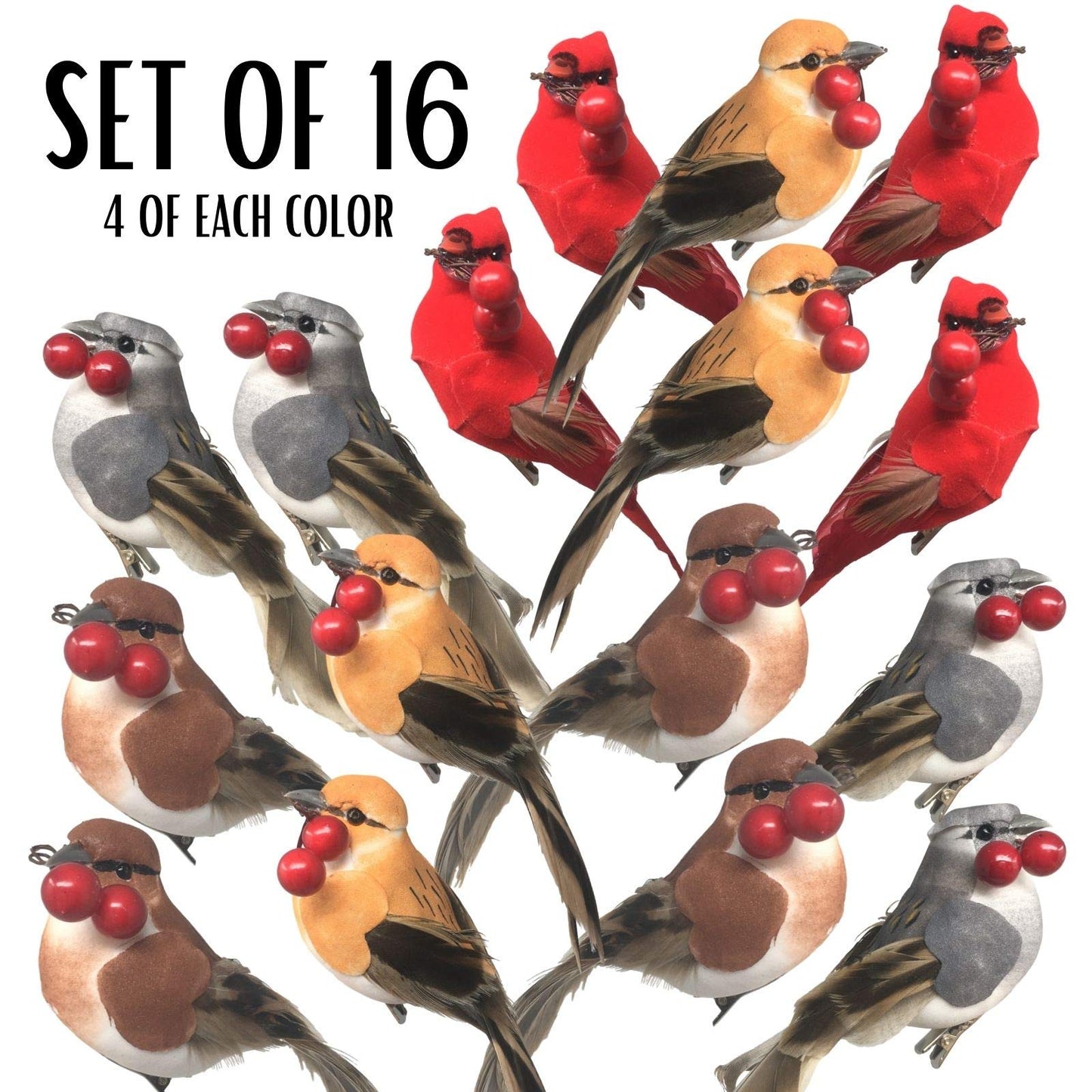 BANBERRY DESIGNS Feathered Song Bird Clip-On Ornaments - Set of 16 - Assorted Styles - Cardinals, Orioles, Finches and Chickadees with Red Berries - Each Measures 4 Inches