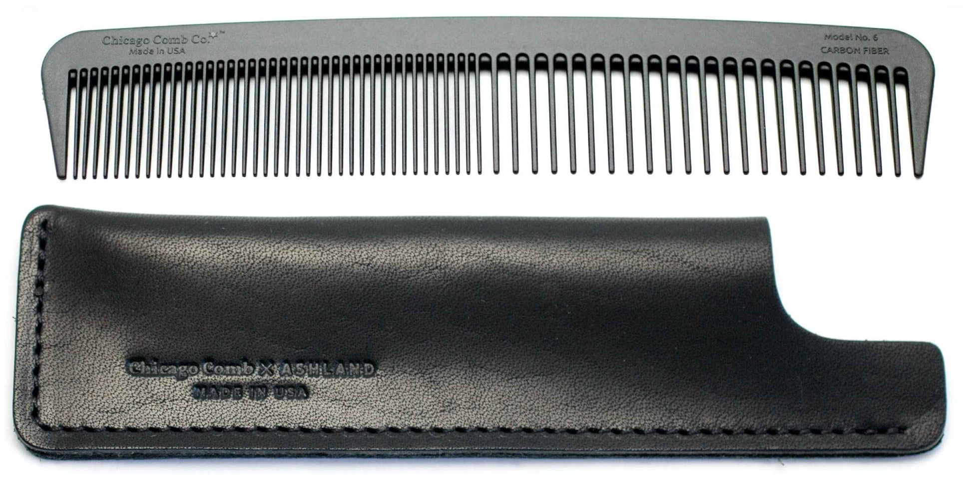 Chicago Comb Model 6 Carbon Fiber Comb + Dublin Black Horween leather sheath, Made in USA, ultimate styling comb, for men & women, smooth strong & light, anti-static, American-made leather case