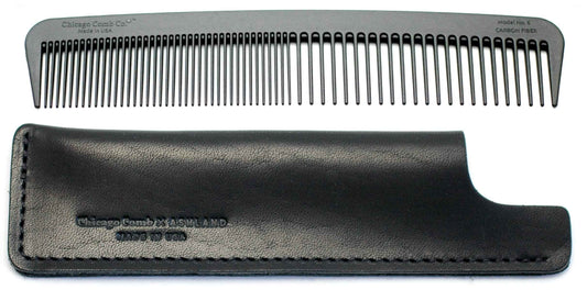 Chicago Comb Model 6 Carbon Fiber Comb + Dublin Black Horween leather sheath, Made in USA, ultimate styling comb, for men & women, smooth strong & light, anti-static, American-made leather case