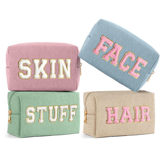 MAGEFY 4 Pcs Small Makeup Bag Corduroy Cosmetic Bag for Women Preppy Makeup Bags Cute Chenille Letter Aesthetic Stuff Gifts (Beige & Blue & Pink & Green)