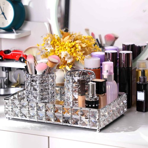 3 Pieces Crystal Makeup Brush Holder Organizer Vanity Makeup Tray Set, 2 Pcs Crystal Bling Cosmetics Brushes Cup 1 Storage Jewelry Trinket Tray Bathroom Sink Vanity Trays, 11.81 x 7.87 x 2.76 Inch