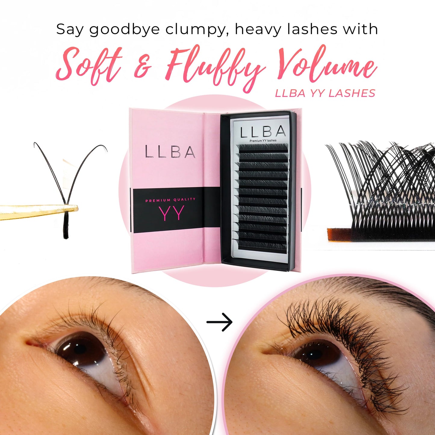 LLBA YY Eyelashes Extensions - 2D Fans Volume Eyelashes | C CC D Curl | Thickness 0.05~0.07mm | 8-15mm Mixed Tray | Full Fluffy Volume Look | Long Lasting & Easy Application (YY, 0.05 C 9mm - 15mm)