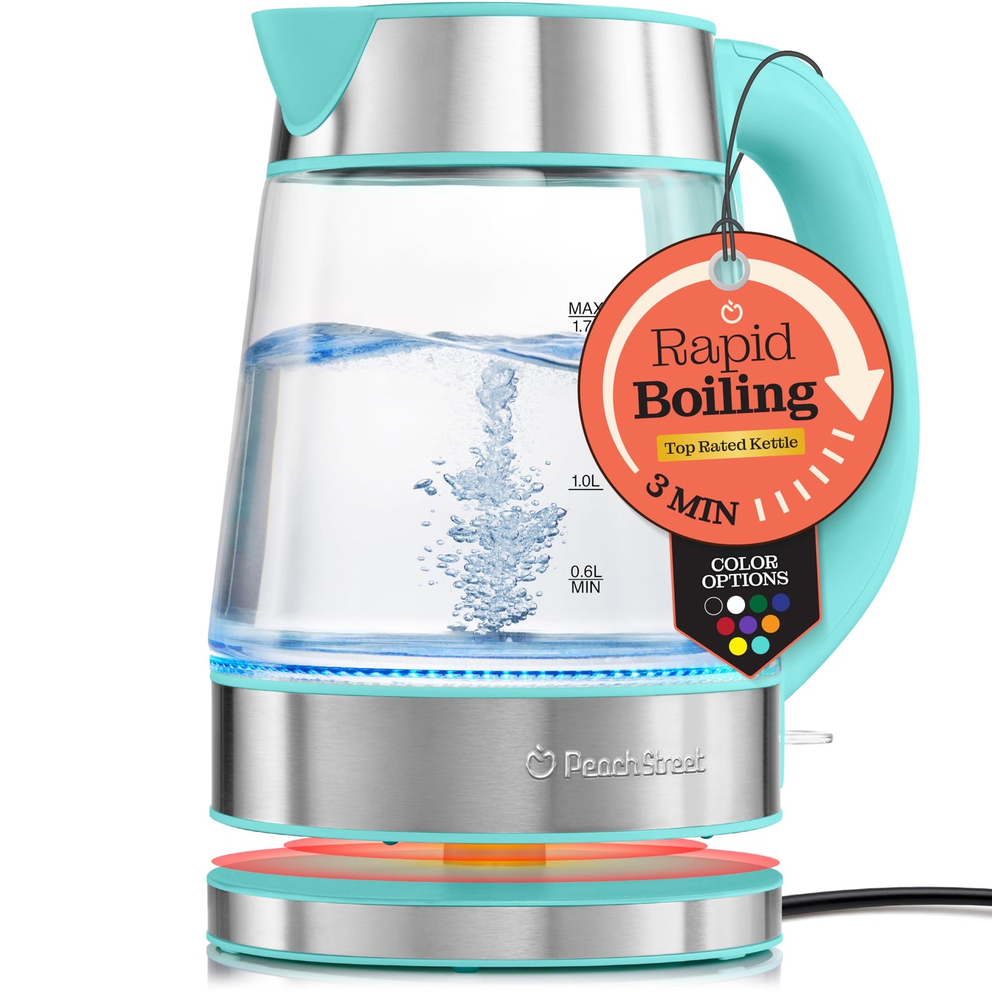 Speed-Boil Water Electric Kettle, 1.7L 1500W, Coffee & Tea Kettle Borosilicate Glass, Water Boiler, Auto Shut-Off, Cool Touch Handle, Base Detachable, LED. 360° Rotation, Boil Dry Protection (Aqua)