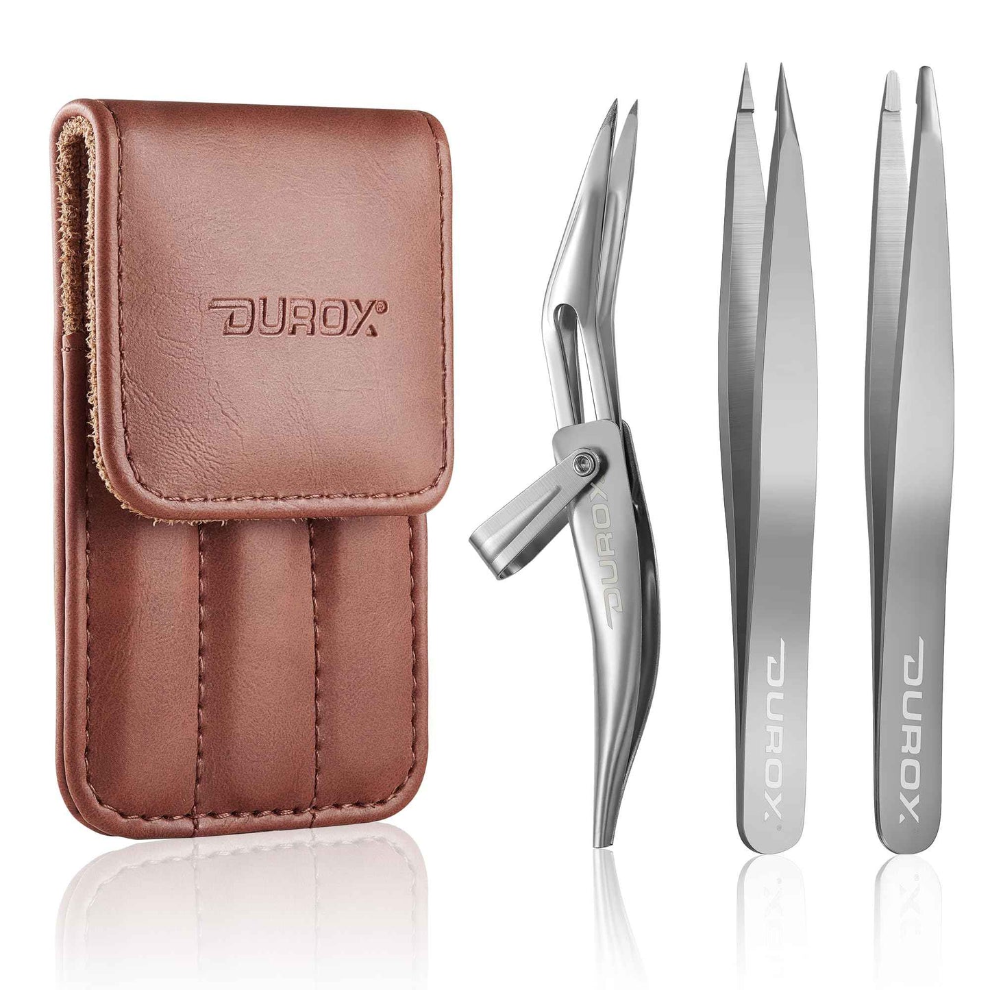 DUROX 3-Piece Tweezer Set — 1.Pointed Ingrown Hair Tweezers, 2.Fine-Tip Splinter Tweezers, 3.Safety Round Tip for Facial & Chin Hair Removal. Made of stainless steel. Protective pouch for safe storage