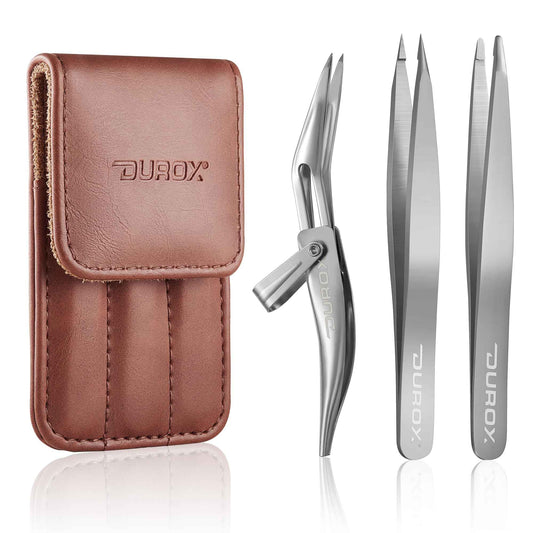 DUROX 3-Piece Tweezer Set — 1.Pointed Ingrown Hair Tweezers, 2.Fine-Tip Splinter Tweezers, 3.Safety Round Tip for Facial & Chin Hair Removal. Made of stainless steel. Protective pouch for safe storage