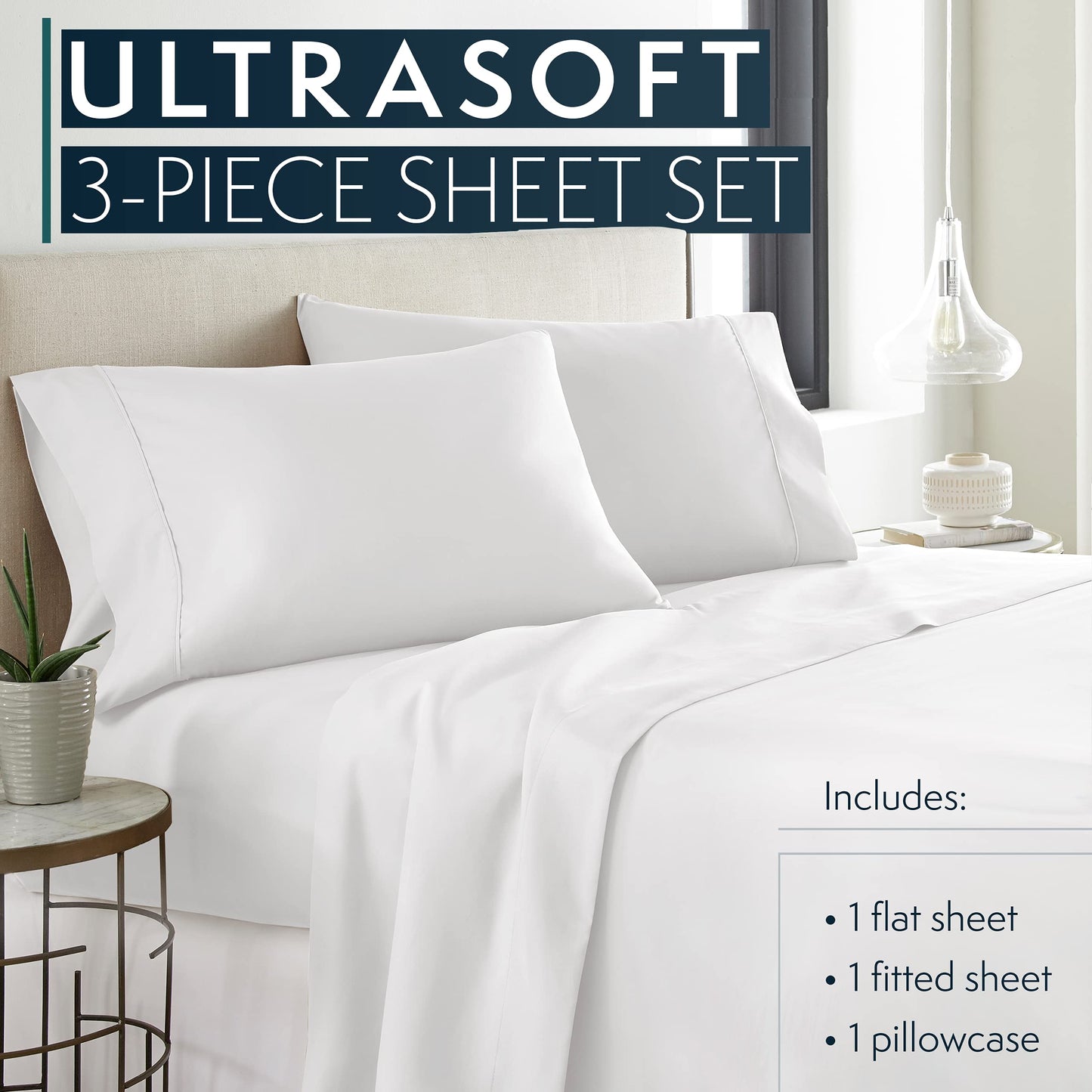 Twin Sheets Set, 3 pc Bed Sheets & Pillowcase Set - Machine Washable for Easy Care - Soft & Breathable All Season Microfiber Sheets with Deep Pockets - White