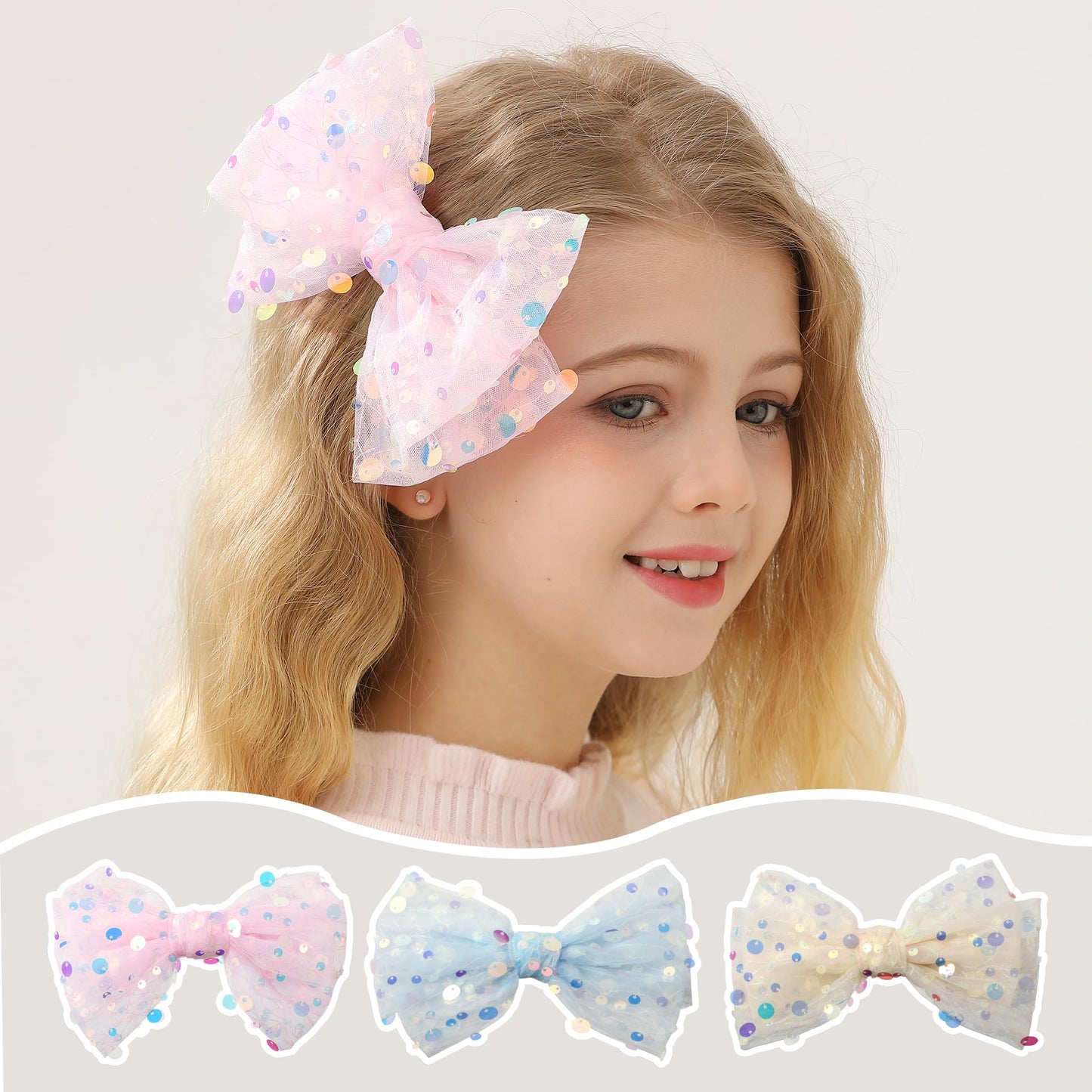 ZOYII 3pc 6 inch Sequin Big Hair Bows Clip for Girls - Alligator Large Glitter Hair Clips for Kids | Sparkly Teen Bow Clips for Hair & Hair Accessories for Women(Pink, Blue, Pale Yellow)