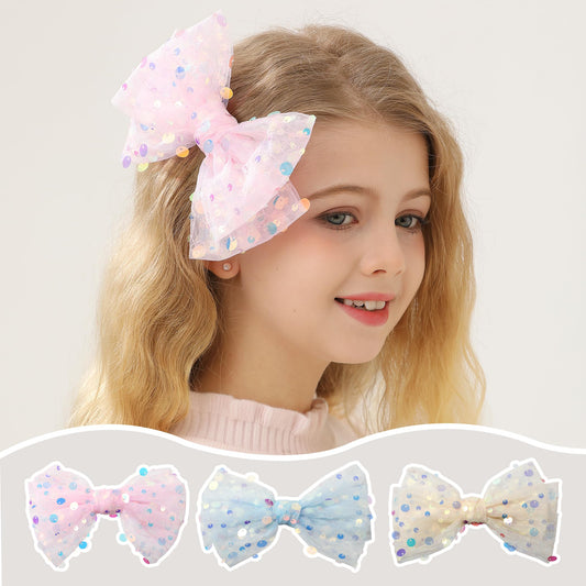 ZOYII 3pc 6 inch Sequin Big Hair Bows Clip for Girls - Alligator Large Glitter Hair Clips for Kids | Sparkly Teen Bow Clips for Hair & Hair Accessories for Women(Pink, Blue, Pale Yellow)