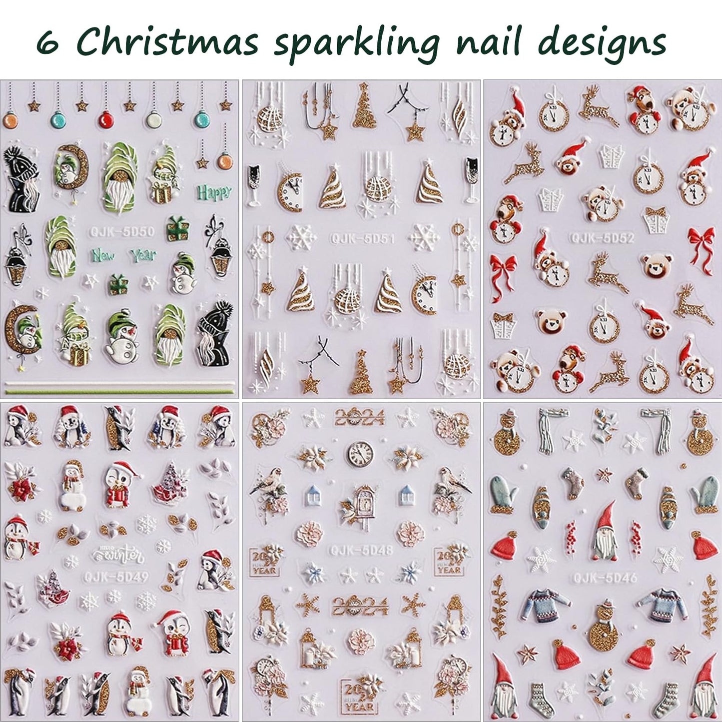 Christmas Nail Art Stickers Decals 5D Embossed Self-Adhesive Nail Art Decals Cute Santa Gnomes Nail Stickers Snowman Xmas Tree Bell Nail Decals for Women New Year Holiday Manicure Decoration 6 Sheets