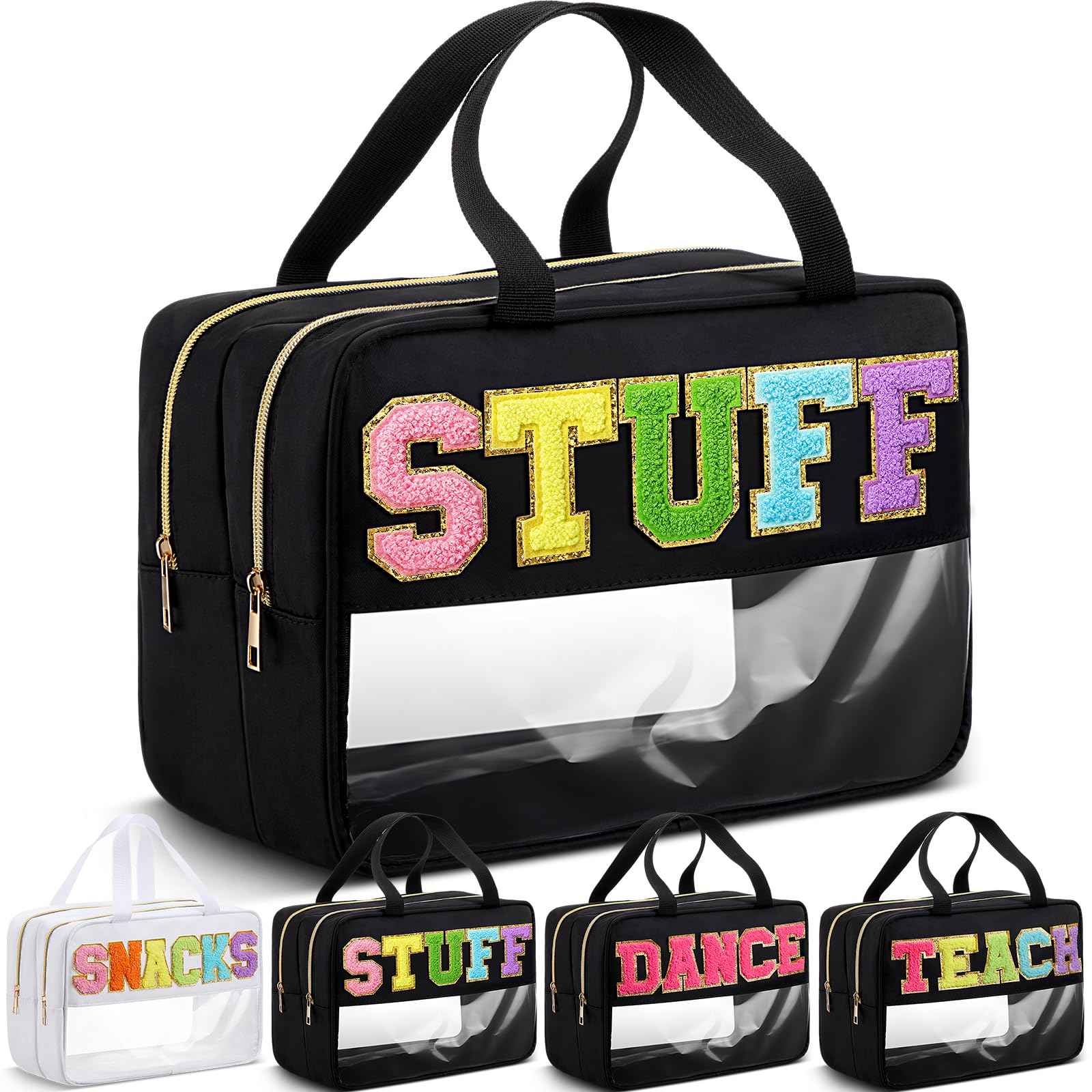 Pinkunn Large Stuff Bags with Handle Double Zippered Chenille Letter Stuff Bag Black Extra Large Clear Travel Pouch Waterproof Nylon Makeup Cosmetic Bag for Women Girls Travel Toiletry Supplies