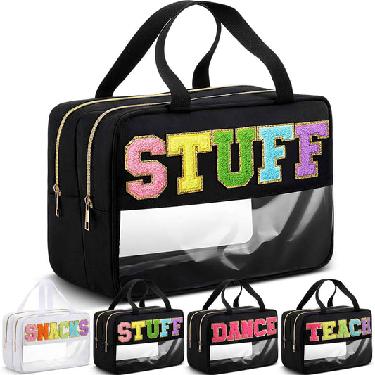 Pinkunn Large Stuff Bags with Handle Double Zippered Chenille Letter Stuff Bag Black Extra Large Clear Travel Pouch Waterproof Nylon Makeup Cosmetic Bag for Women Girls Travel Toiletry Supplies