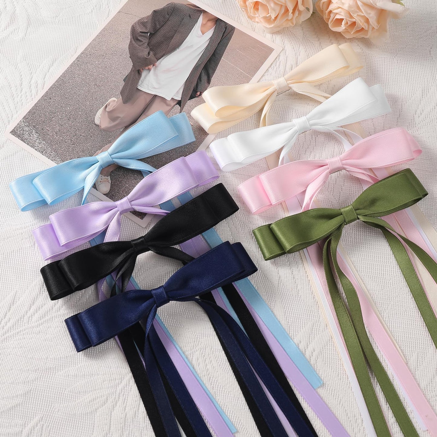 WORTL 10 PCS Satin Hair Accessories: Double Hair Ribbon Ponytail Holders, Metal Hair Clips and Bows for Women and Girls in Black and White