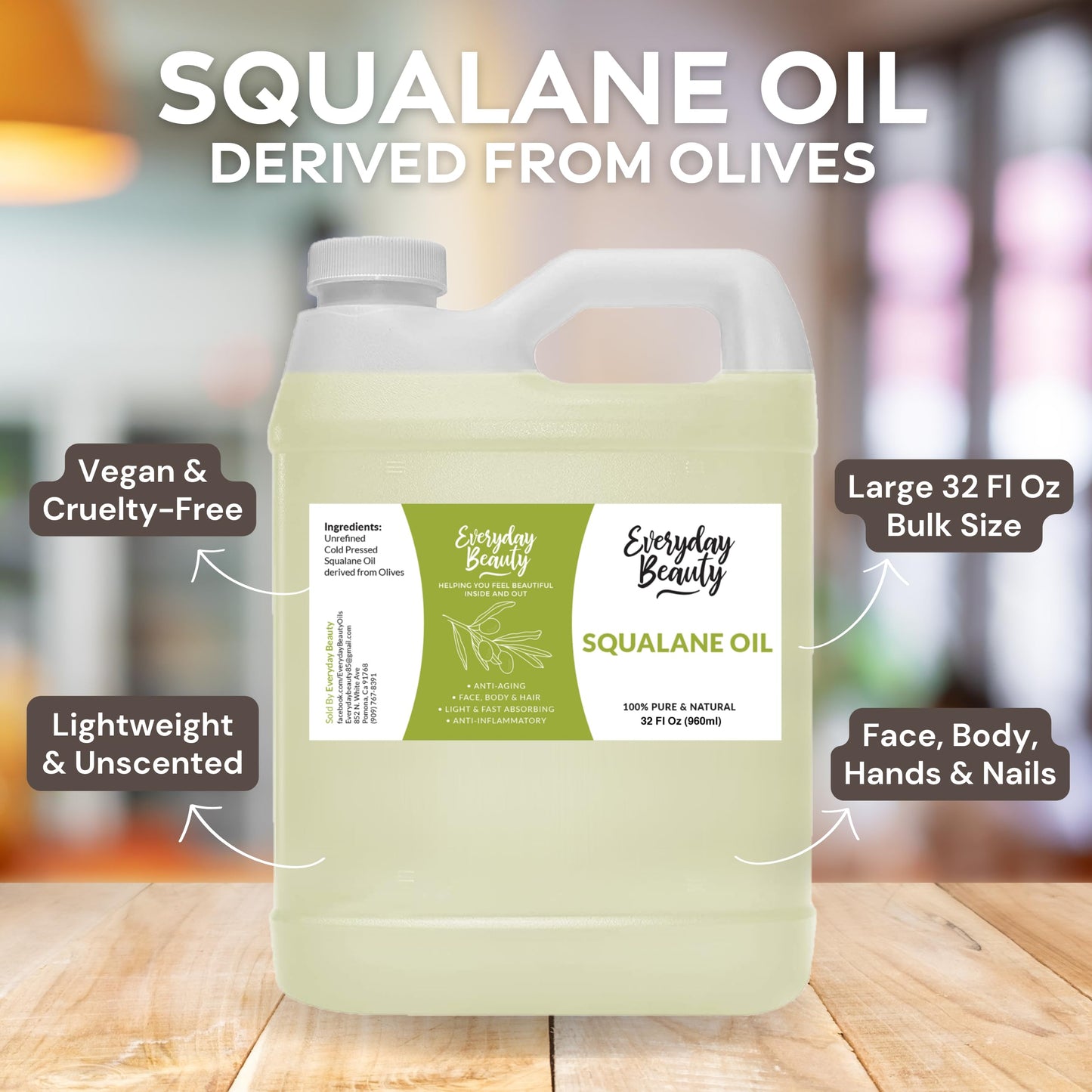 Squalane Oil Bulk- 32 oz 100% Pure & Natural Plant Derived Facial Oil - Cold Pressed and Unrefined Premium Grade Multipurpose Moisturizing Oil For Skin and Hair