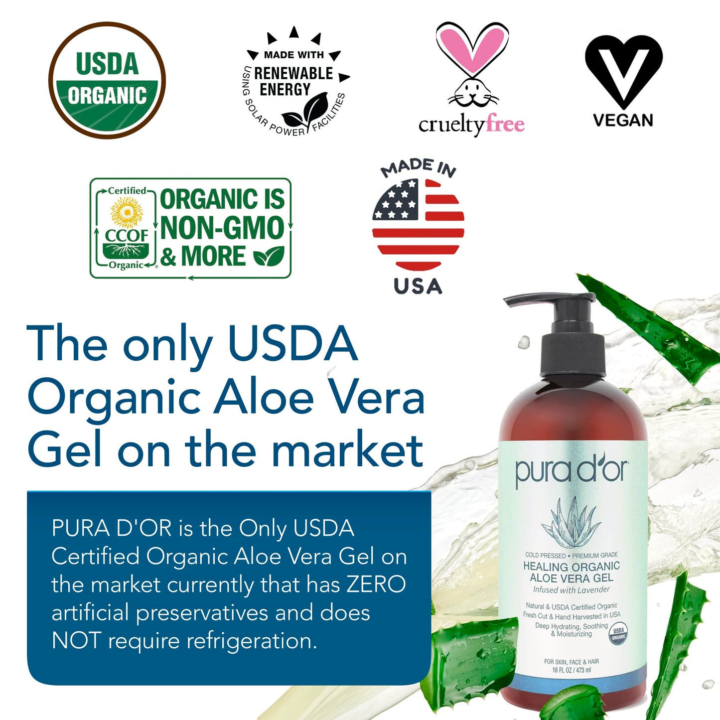 PURA D'OR Organic Aloe Vera Gel Lavender (16oz 2-PACK) All Natural - ZERO Artificial Preservatives - Deeply Hydrating & Moisturizing - Sunburn, Bug Bites, Rashes, Small Cuts, Eczema Relief - Skin Hair