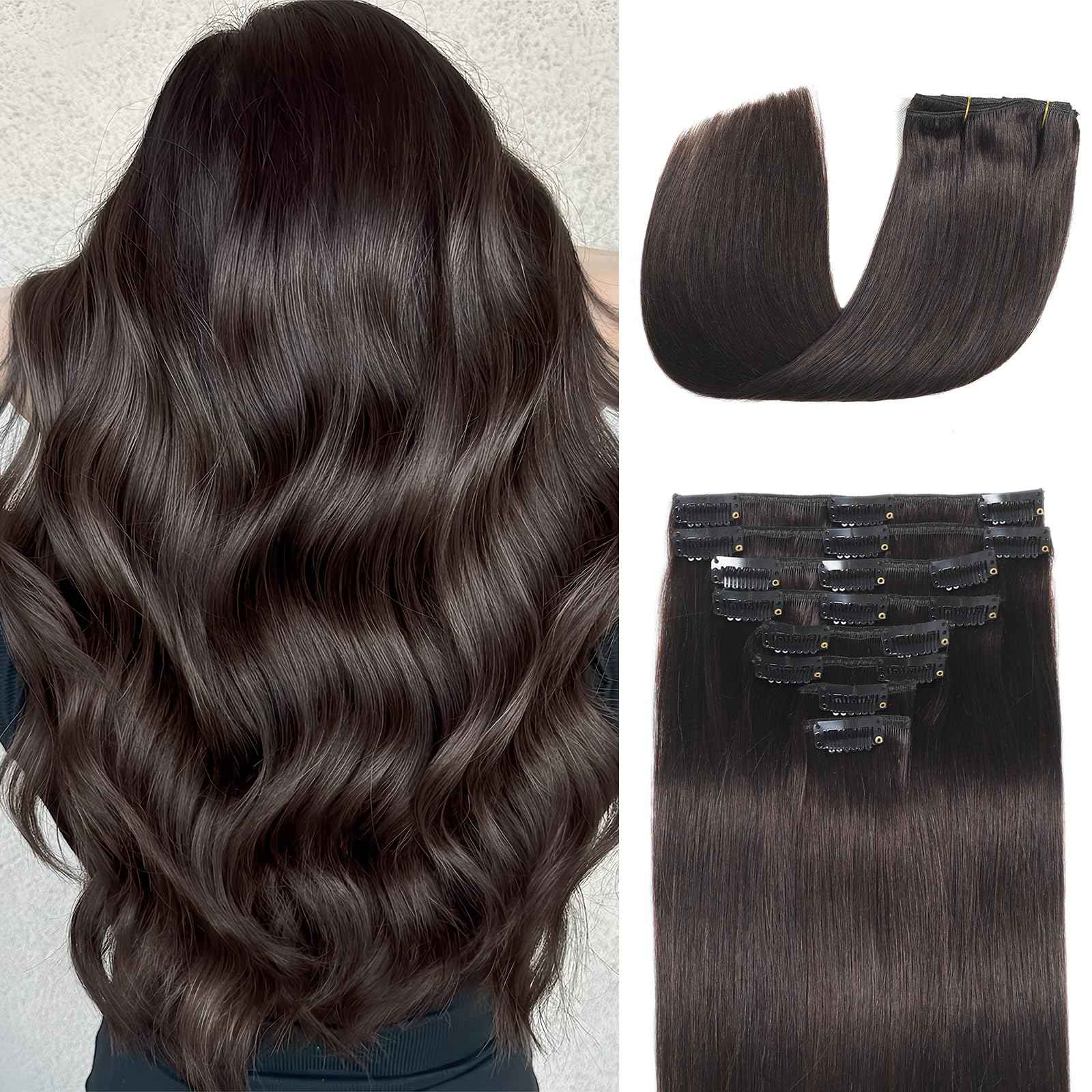Clip in Hair Extensions Real Human Hair Clip in Extensions for Women Seamless Invisible Dark Brown Natural Remy 100% Human Clips ins Extension 8pcs Double Weft 16 inch 3.2oz/90g