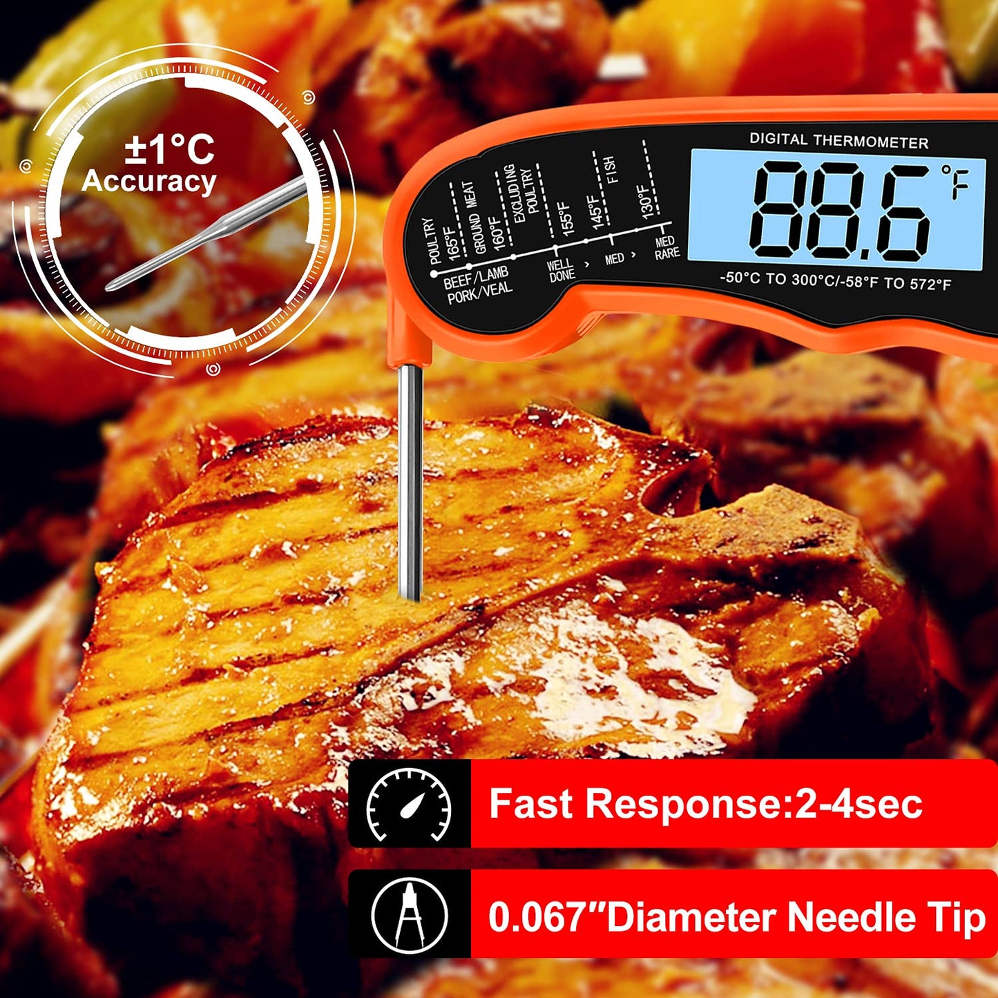 KULUNER TP-01 Waterproof Digital Instant Read Meat Thermometer with 4.6 Folding Probe Backlight Calibration Function for Cooking Food Candy, BBQ Grill, Liquids,Beef(Orange)