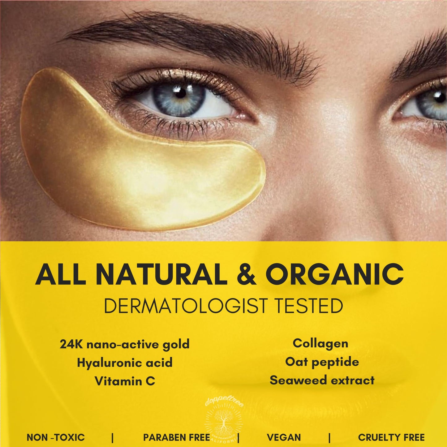 Under Eye Patches & Masks (18 Pairs) - All Natural Anti Aging Treatment for Bags, Puffiness, Wrinkles, & Dark Circles - 24K Gold, Collagen, Hyaluronic Acid, Hydrogel - Formulated in San Francisco