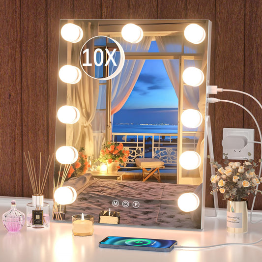 Hasipu Vanity Mirror with Lights, 11" x 14" Hollywood Mirror, Makeup Mirror with 11 Dimmable Bulbs and 10X Magnification, 3 Colors Modes, Touch Control, USB Charging Port, White