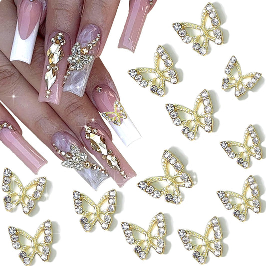 RODAKY 3D Gold Alloy Butterfly Nail Art Charms 12PCS Butterflies Shape Nail Charm with Luxury Rhinestones Diamond Nail Supplies Rhinestones Nail Accessories for Women DIY Nail Decorations Design