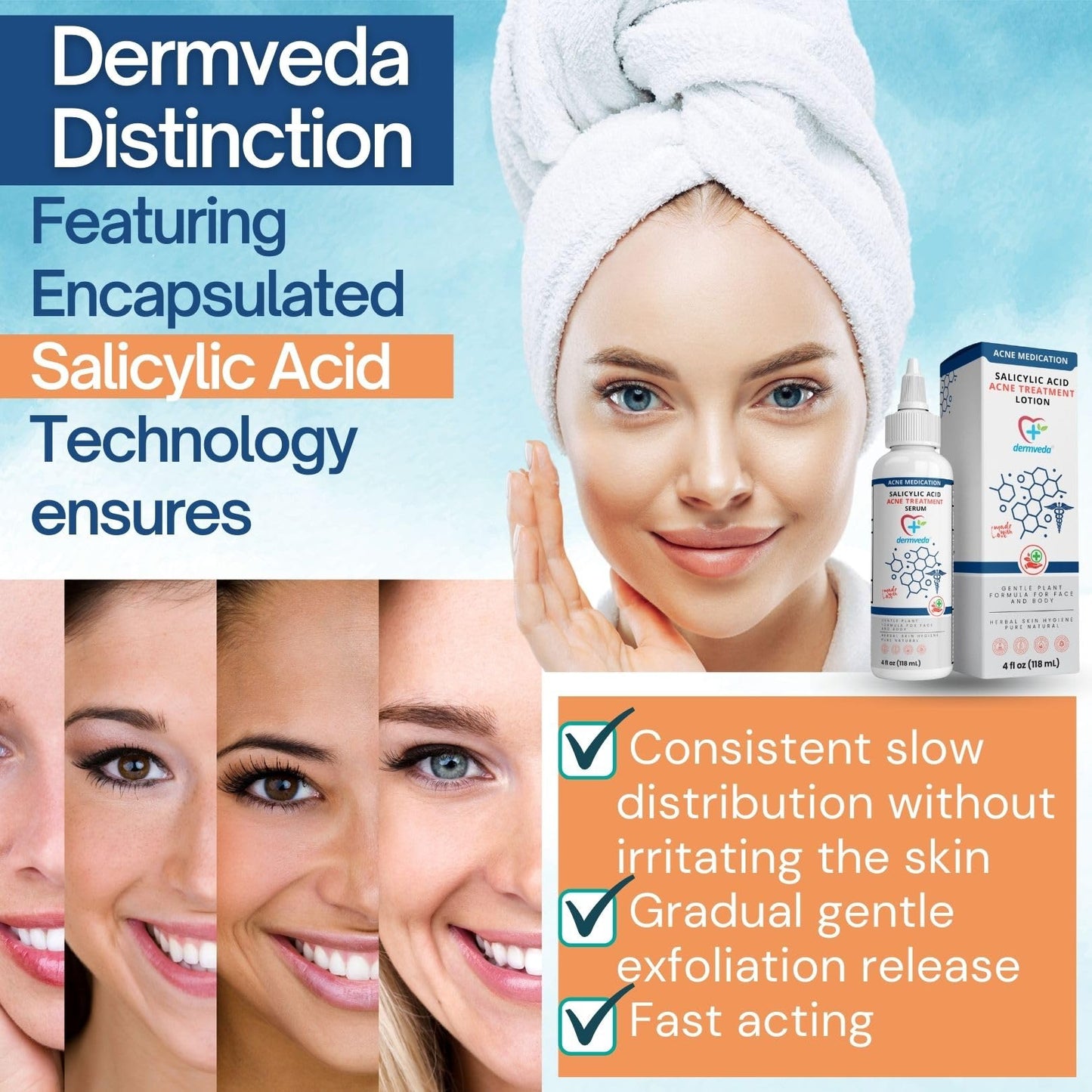 Dermveda Natural Acne Treatment Serum with Salicylic Acid - Effective Cystic Acne, Pimple Treatment for Teens, Natural Facial Cleanser & Face Moisturizer for Clear Skin - Acne Face Medication