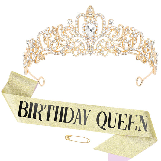 CIEHER Crystal Gold Crown + Birthday Queen Sash + Pearl Pin Set, Gold Birthday Decorations for Women Girls, Great Birthday Gifts Happy Birthday Party Supplies Birthday Crown Birthday Sash for Women