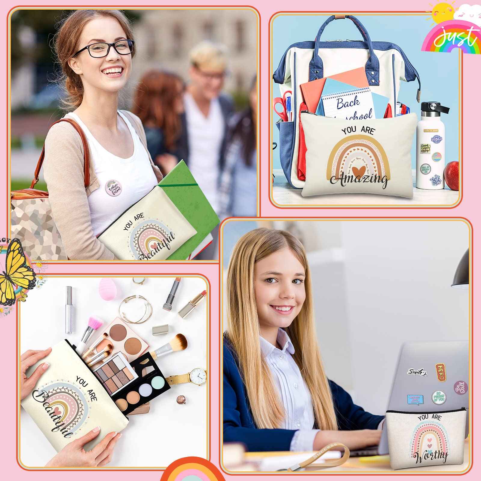 Pinkunn 68 Pcs Inspirational Gifts Bulk Inspirational Quote Key Chains Rainbow Canvas Cosmetic Bags with Zipper Motivational Stickers Button Badges Gifts for Teacher Birthday Graduation