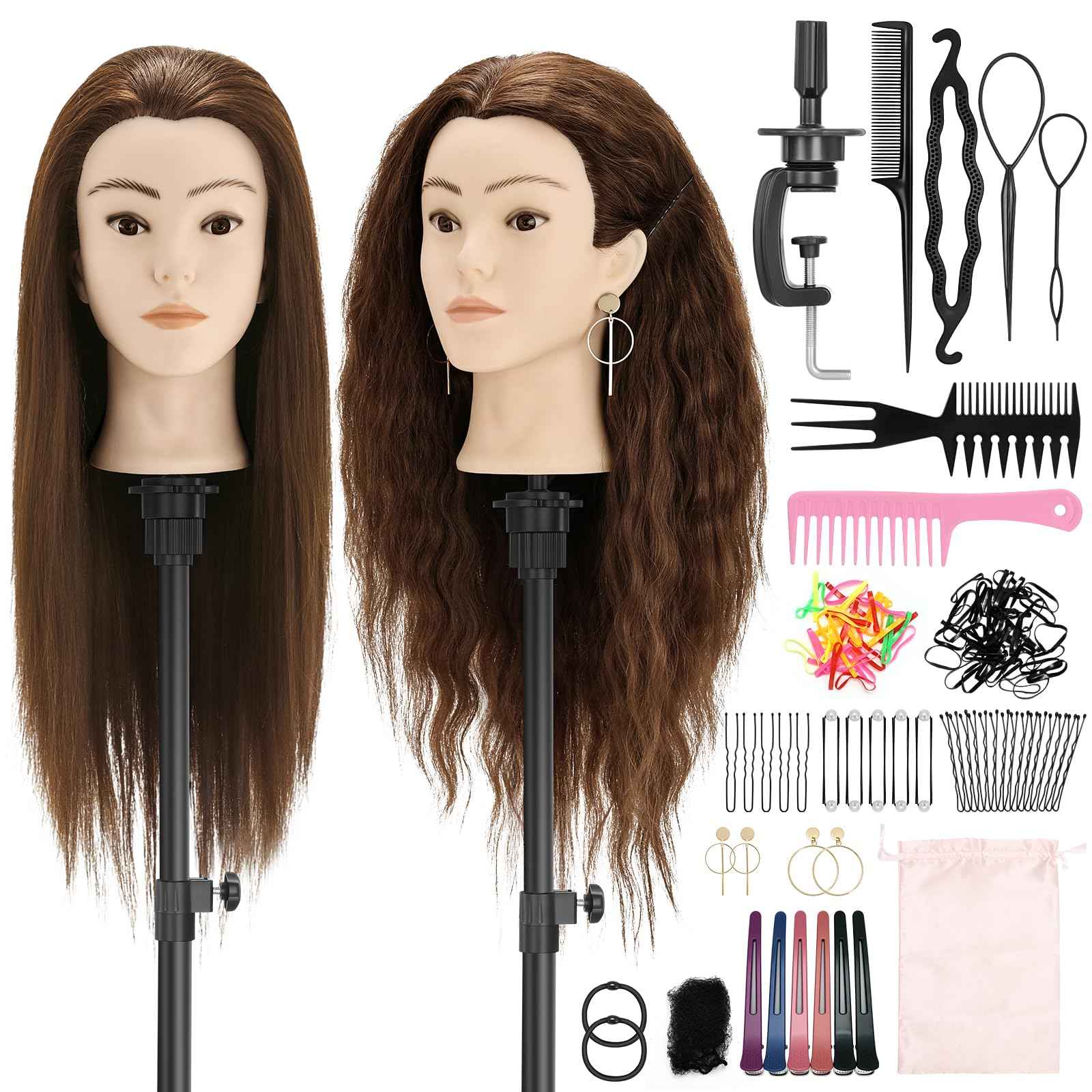 Yekavo Mannequin Head with 90% Human Hair, 24" Female Real Hair Cosmetology Mannequin Head Hair Styling Manikin Head Doll Head for Hairdresser Practice Training with Clamp Holder and Tools (Brown)