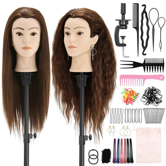 Yekavo Mannequin Head with 90% Human Hair, 24" Female Real Hair Cosmetology Mannequin Head Hair Styling Manikin Head Doll Head for Hairdresser Practice Training with Clamp Holder and Tools (Brown)