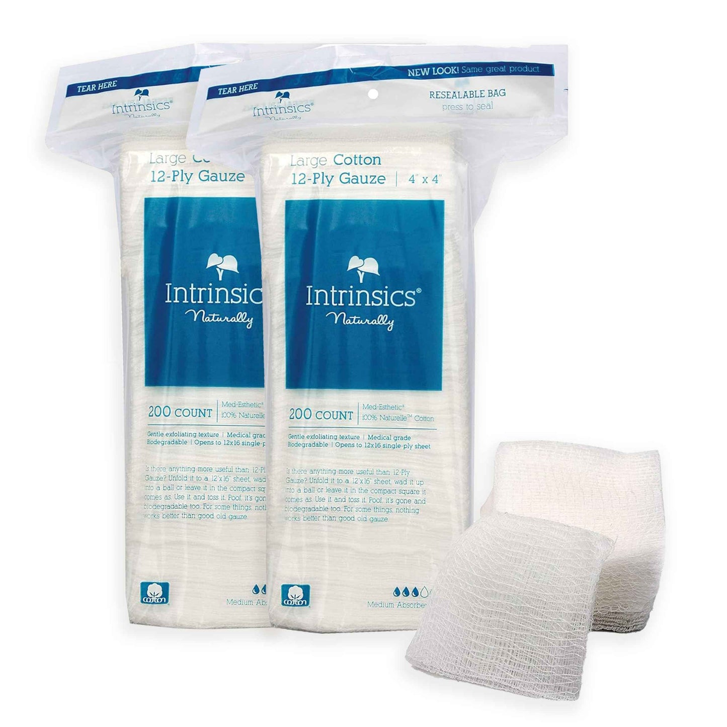 Intrinsics Large Cotton Gauze (400 Count) – 4x4” 12-Ply Medium Absorbency Pads, Medical-Grade Lint-Free Hypoallergenic Cotton, for Skincare & Waxing Treatments, Spa Supplies