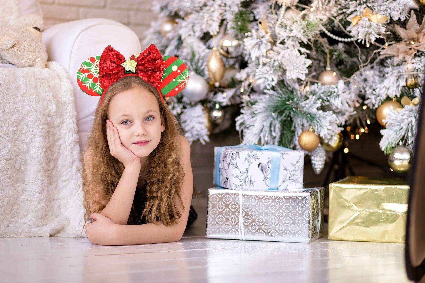 Mannxitzdy 6 Pcs Christmas Mouse Ears Bow Headbands Christmas Tree Hair Hoop Sparkle Mouse Ears Headband for Women Girls Birthday Party