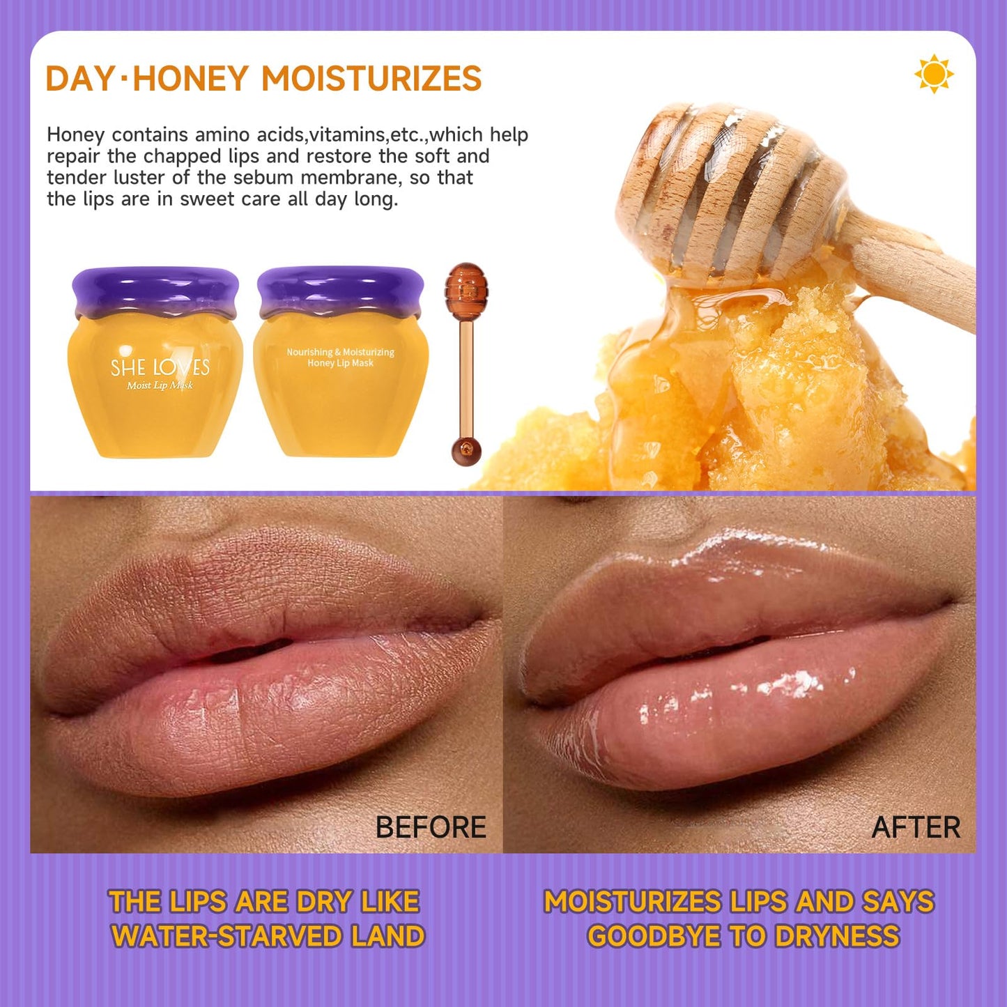 Honey Lip Mask with Stick, Day & Night Repair Deep Moisture and Fade Lip Lines, Vitamin E & Beeswax Essence Natural Lip Enhancer Care Sleeping Lip Mask (Honey for Day Use)