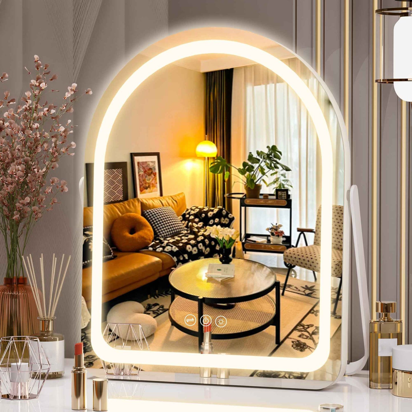 Hasipu Vanity Mirror with Lights, 11"× 14" Arched LED Makeup Mirror, Lighted Makeup Mirror with Lights, Smart Touch Control Dimmable 3 Modes Light 360°Rotation White