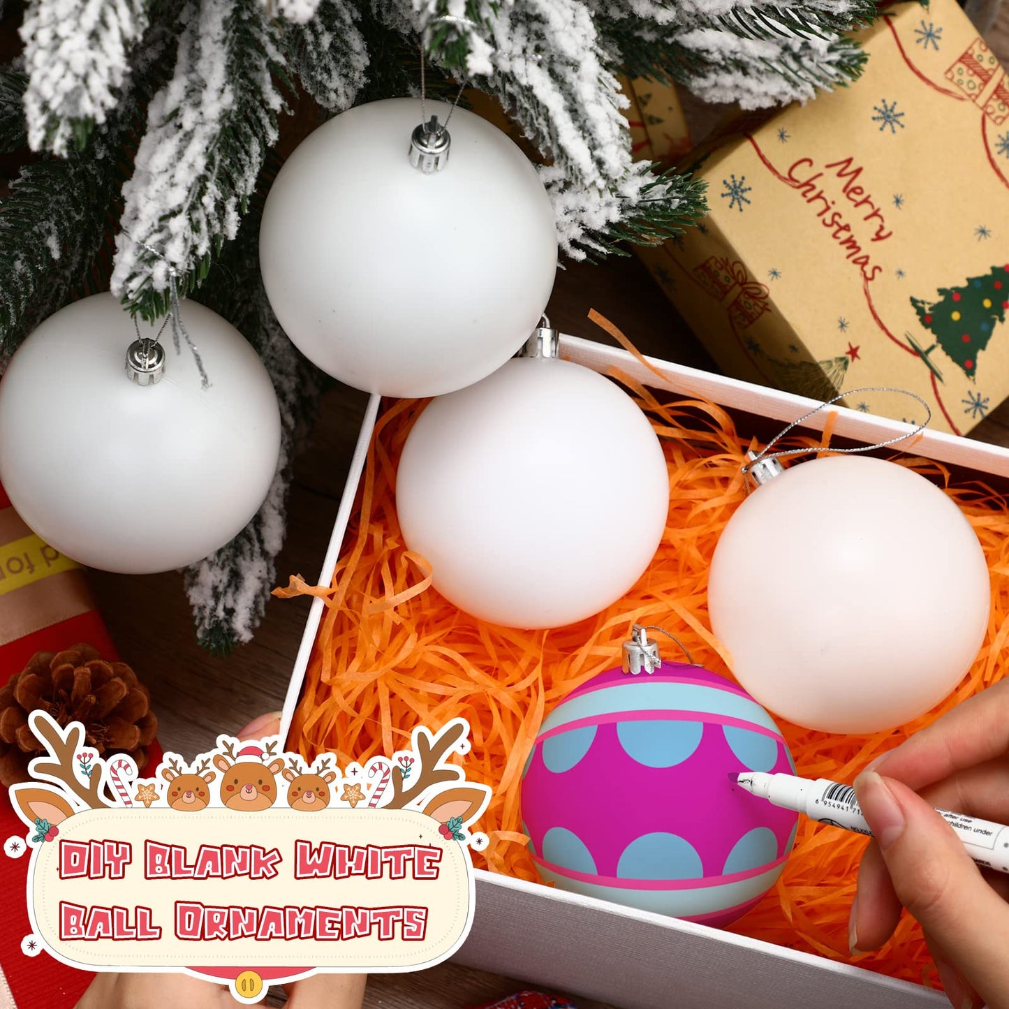 Zubebe Christmas Large Blank White Ball Ornaments, 3.15 Inch DIY Christmas Balls White Ball Hanging Ornaments DIY Craft Activities for Christmas Tree Gift Box(Matte White,24 Pcs)